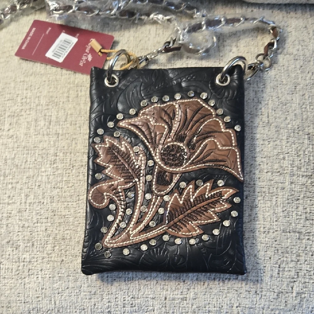 Royal West Elegant Black and Brown Floral Crossbody Bag 5.50